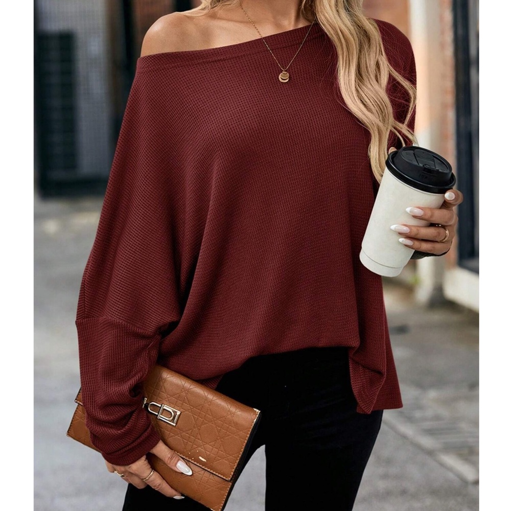 Solid Off Shoulder Loose Fit Waffle Long Sleeve Top